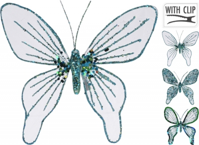 Dekoračný motýľ na štipci modrý 15 cm - rôzne druhy